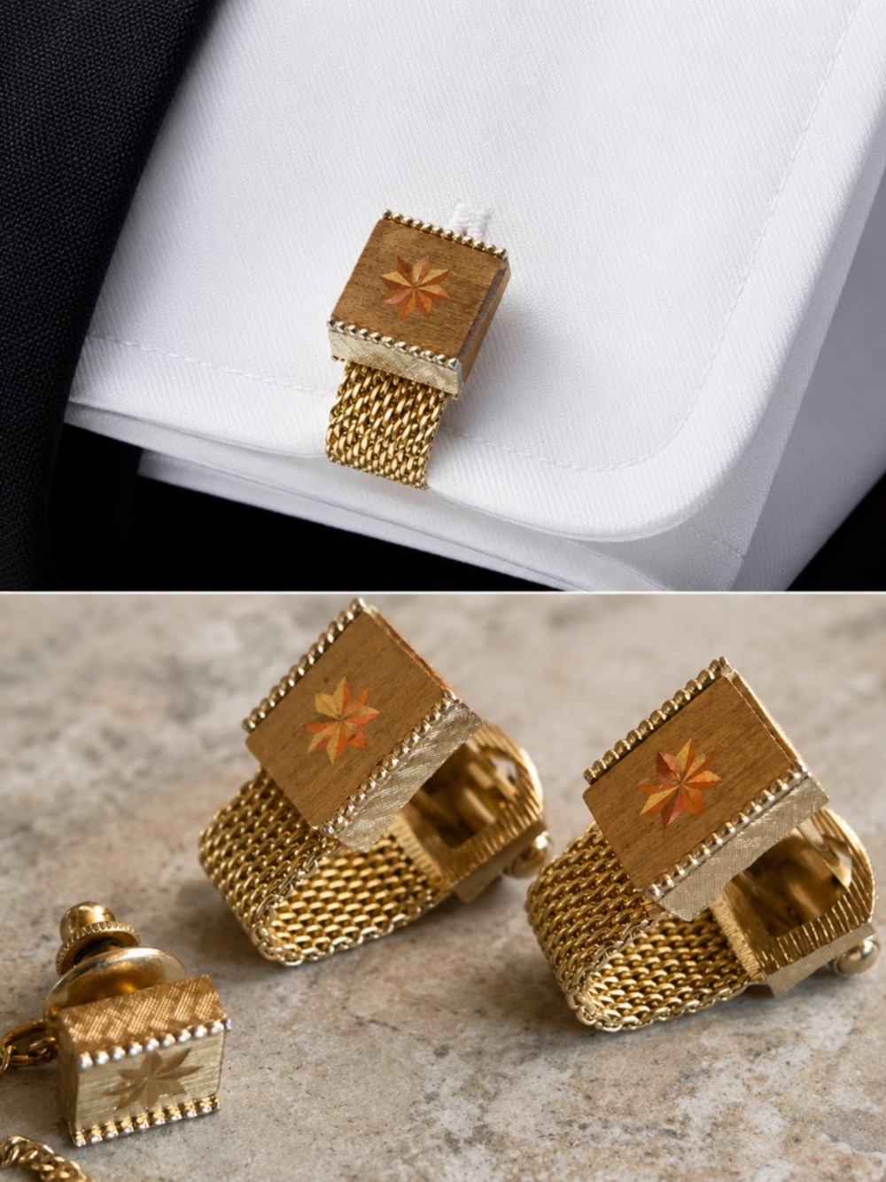 Vintage Gold Tone Starburst Cufflinks & Tie Tack Set–Mesh Wrap Retro Mid-Century